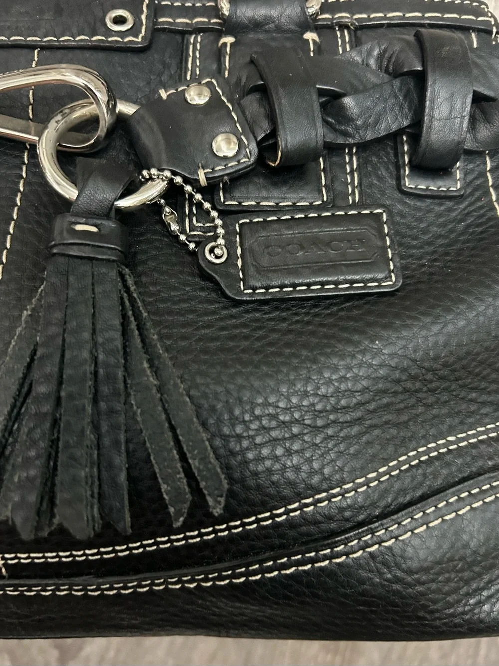 Coach Black Pebbled Leather Shoulder Bag with Silver Hardware and Tassel